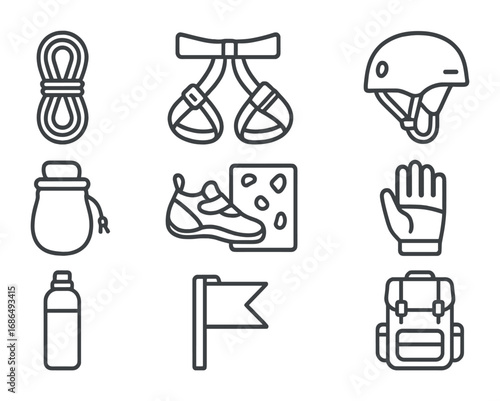 Climbing Gear Icons. Outline icon set of rock climbing and bouldering: climbing rope, harness, carabiner,