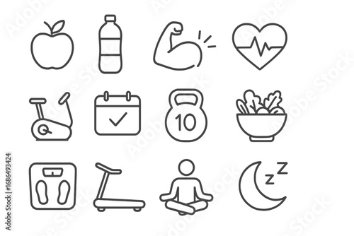 Healthy lifestyle line icon set. Fitness, wellness, and sport concepts. Vector icons for health, diet, nutrition, workout, exercise, good sleep, yoga and gym activities.
