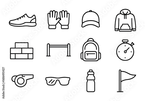 Parkour Gear Icons. Outline icon set of parkour and free running: sneakers, gloves, cap, hoodie, wall, rail,