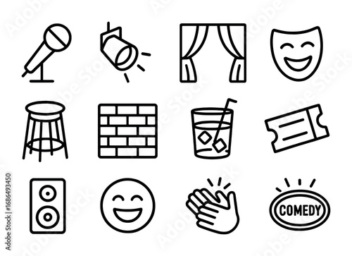Comedy Club Icons. Outline icon set of comedy clubs: microphone, spotlight, stage curtain, comedy mask, stool,