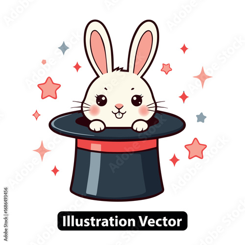 A cute cartoon white rabbit peeking out of a black magician's hat with sparkling stars surrounding it