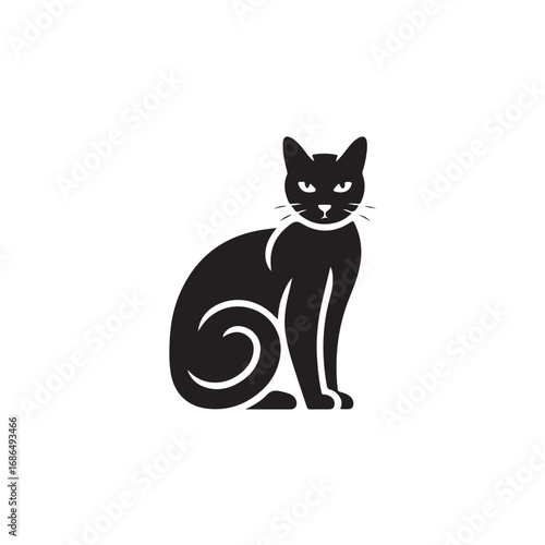 Stylized Black Cat Silhouette with Swirling Tail on White Background