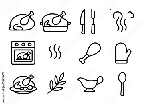 Roast Turkey Icons. Outline icon set of roast turkey: whole turkey, roasting pan, carving knife, fork, oven,