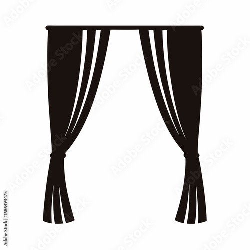 Elegant draped curtains in simple black silhouette against a plain white backdrop