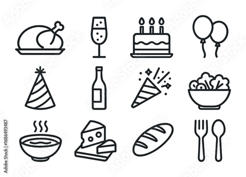 Celebration Feast Icons. Outline icon set of celebratory meals: turkey, champagne glass, cake, balloons, party
