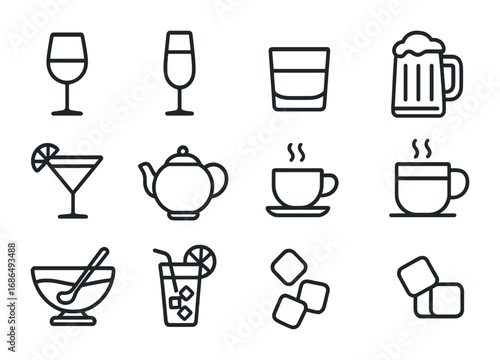 Holiday Drink Icons. Outline icon set of holiday drinks: wine glass, champagne glass, whiskey glass, beer mug,
