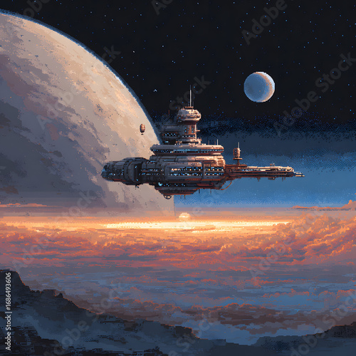Stunning Pixel Art of an Orbiting Space Station Near a Distant Planet in a Colorful Cosmic Landscape