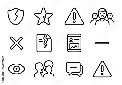 Reputation Damage Icons. Outline icon set of reputation damage: broken shield, broken star, warning sign,