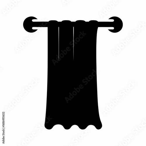 Black silhouette of a curtain on a rod with ornamental ends