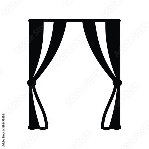 Elegant Black Silhouette Depicting a Curtained Window Frame with Central Opening