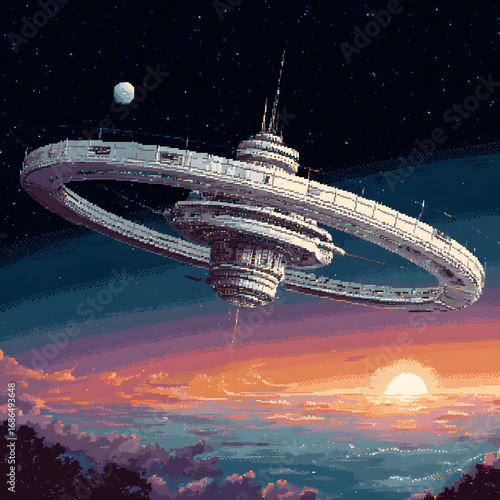 Stunning Pixel Art of an Orbiting Space Station Above a Distant Planet During Sunset