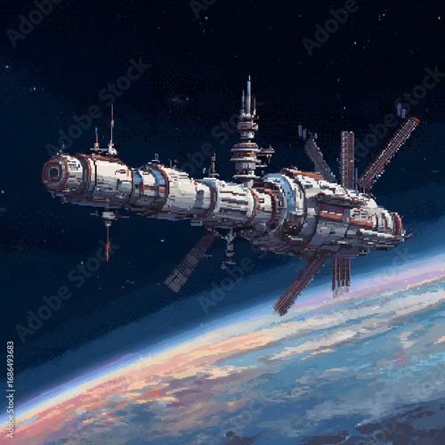 Detailed Pixel Art of an Orbiting Space Station Above a Distant Planet in Vibrant Colors