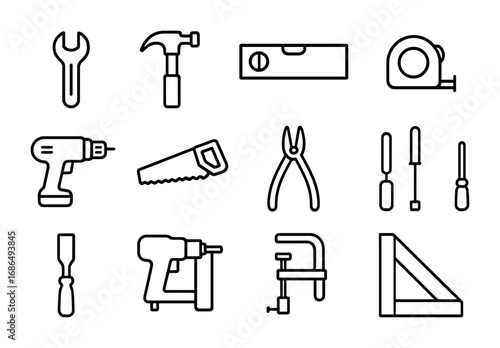 Construction Tools Grid. Outline icon set of construction tools: wrench, hammer, level, tape measure, drill,