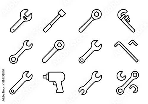 Wrench Icon Set. Outline icon set of wrench twist: adjustable wrench, socket wrench, torque wrench, pipe