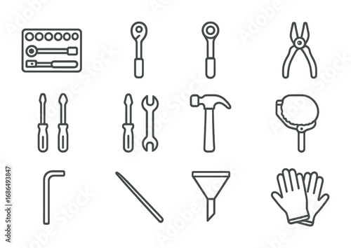 Engine Repair Tools Icons. Outline icon set of engine repair tools: socket set, torque wrench, ratchet, pliers