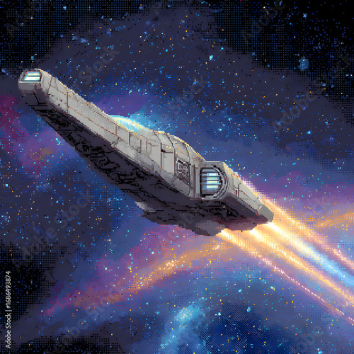 Pixel Art Spaceship Flying Through a Colorful Galaxy with Bright Trails of Light and Stars in the Background