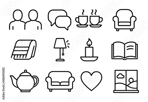 Cozy Conversation Icons. Outline icon set of intimate conversations: two people talking, speech bubbles,
