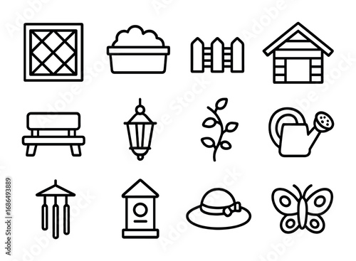 Garden Playhouse Icons. Outline icon set of garden playhouse: lattice window, planter box, tiny fence, wooden