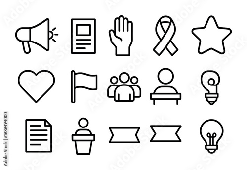 Advocacy Icons Grid. Outline icon set of advocacy campaigns: megaphone, flyer, raised hand, ribbon, heart,