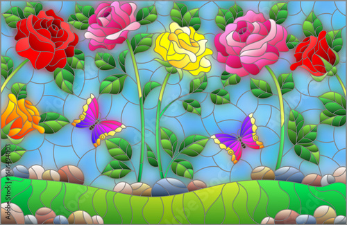 A stained glass illustration with bright roses, and butterflies on a meadow and sky background
