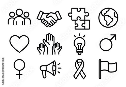 Diversity Icons Grid. Outline icon set of diversity and inclusion: group of people, handshake, puzzle pieces,