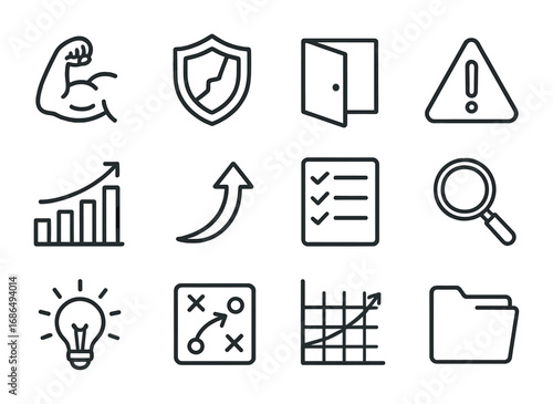 SWOT Analysis Icons. Outline icon set of SWOT analysis planning: strength icon, weakness icon, opportunity