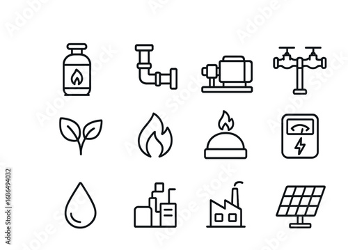Biogas Systems Icons. Outline icon set of biogas systems: gas cylinder, pipes, pump, valves, generator, leaves
