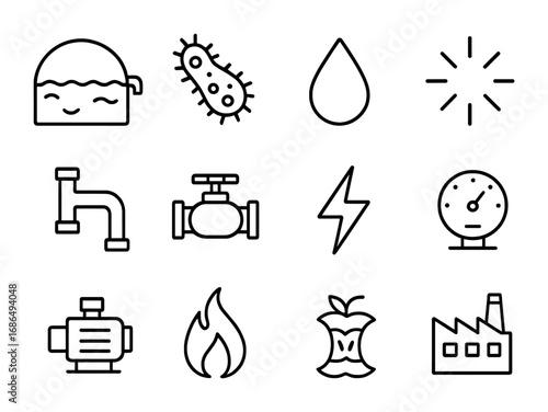 Biodigester Technology Icons. Outline icon set of biodigester technology: digestion tank, bacteria, droplet,