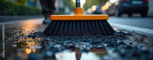 A dramatic, low-angle shot of a street cleaner's brush sweeping away dark debris, emphasizing the texture and contrast of the black material against the pavement , low angle, street cleaner
