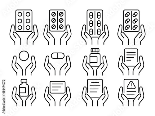 Hands Holding Pills Icons. Outline icon set of hands holding blister pack of pills: hands, blister pack, pills