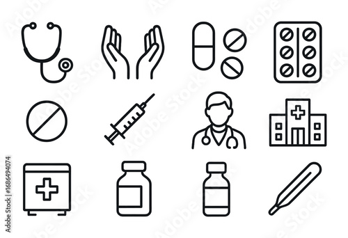 Healthcare Icon Set. Outline icon set of healthcare essentials: stethoscope, hands, pills, capsule, blister