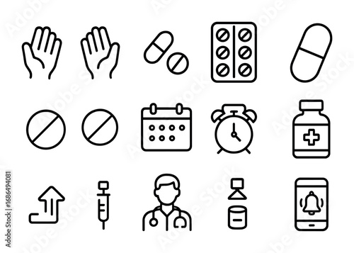 Chronic Illness Management Icons. Outline icon set of managing chronic illness: hands, pills, blister pack,