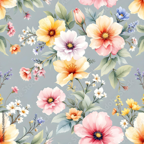 Watercolor floral pattern hand-painted wildflowers and leaves with ribbon on background for wallpaper and fabric