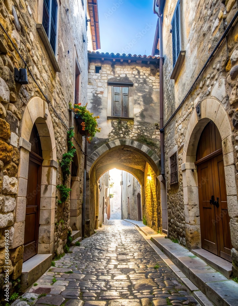 Fototapeta premium Ancient European alleyway bathed in sunlight