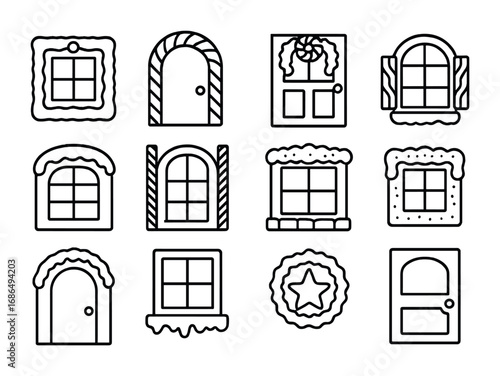 Gingerbread House Icons. Outline icon set of gingerbread windows and doors: icing frame, gumdrop knob, candy