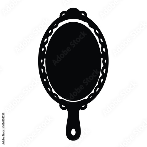 Elegant black and white ornate hand mirror with a detailed border