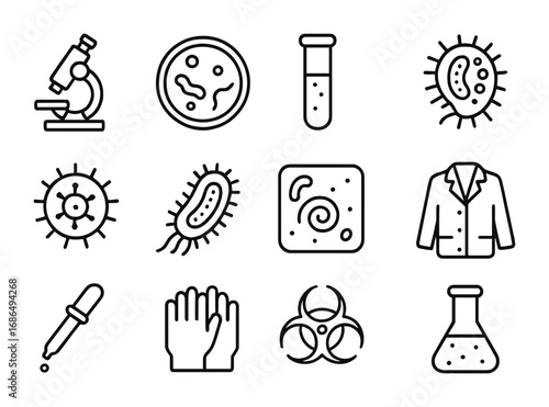 Ancient Microbe Icons. Outline icon set of Research on ancient bacteria and viruses: microscope, petri dish,