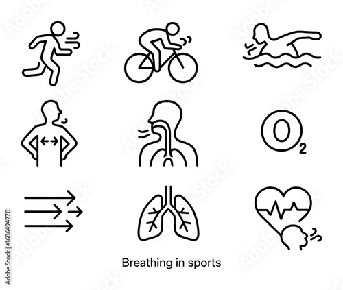 Sports Breathing Icons. Outline icon set of breathing in sports: runner, cyclist, swimmer, chest expansion,