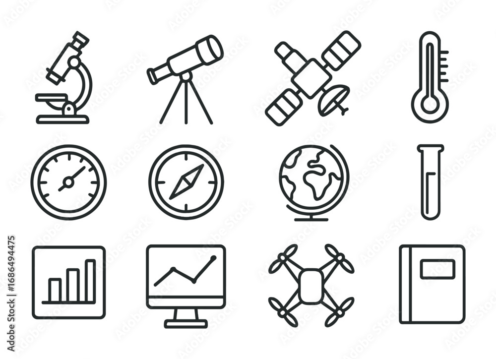 Obraz premium Climate Research Tools Icons. Outline icon set of Climate Research Tools: microscope, telescope, satellite,