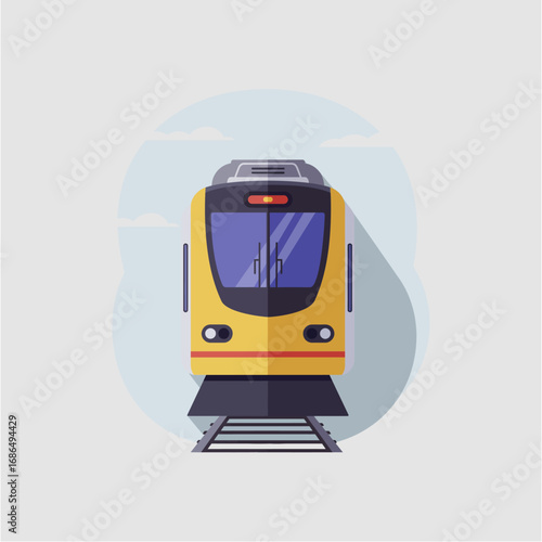 A yellow commuter train approaches, viewed from the front, against a simple sky backdrop.