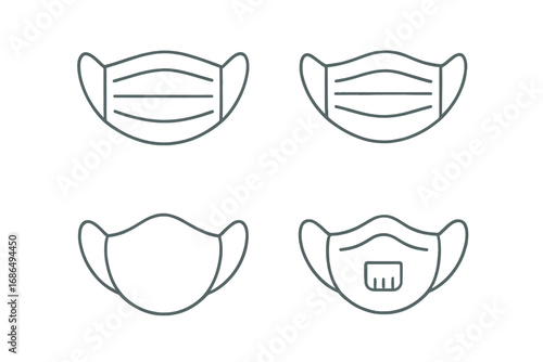Medical face mask and respirator thin line icon set. Surgical mask for protection from virus, dust, and pollution. Pandemic safety equipment vector illustration for web and apps.