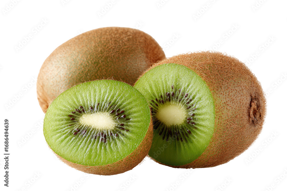 Obraz premium Two whole and two halves of a kiwi fruit. Fresh, vibrant green flesh contrasted with brown skin. Close-up, isolated on black