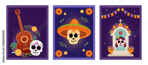 Colorful Dia de los Muertos greeting cards featuring skulls, marigolds, guitar and altar elements