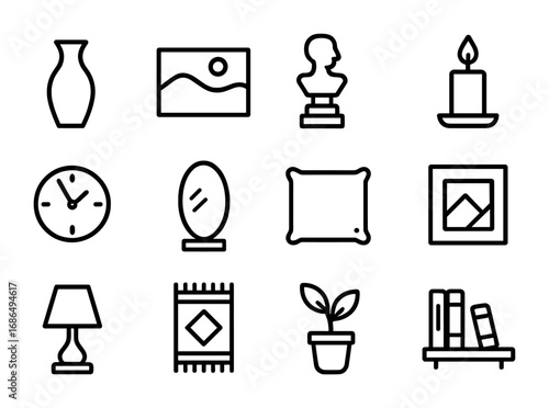 Home Decor Icons Grid. Outline icon set of Home decoration items: vase, painting, sculpture, candle, clock,