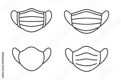 Medical face mask vector icon collection. Line art illustration set of surgical masks for health, safety, virus protection, pandemic, covid-19, hygiene and medicine concept.