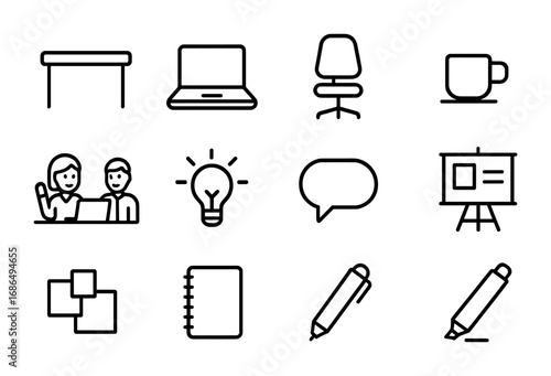 Office Idea Icons. Outline icon set of Employees discussing ideas in an open office space: desk, laptop, chair