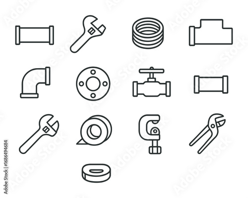 Pipe Tools Icons. Outline icon set of Threading pipe illustration: pipe, wrench, threads, fitting, elbow joint