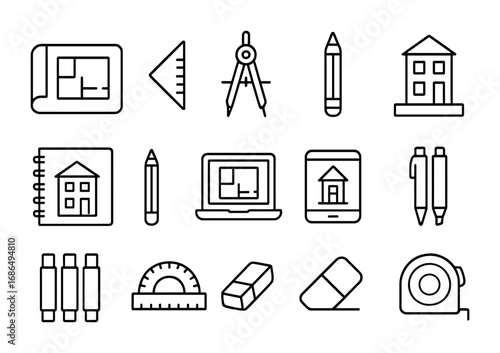 Architecture Tools Grid. Outline icon set of Architecture student projects: blueprint, scale ruler, compass,