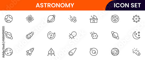 Astronomy vector line icons featuring telescopes, stars, planets, moons, galaxies, constellations, observatories, space exploration, and celestial bodies symbols.
