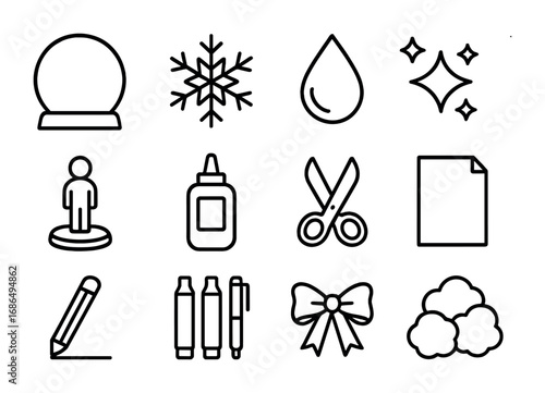 Snow Globe Craft Icons. Outline icon set of Snow globe DIY projects: globe, snowflake, water, glitter,